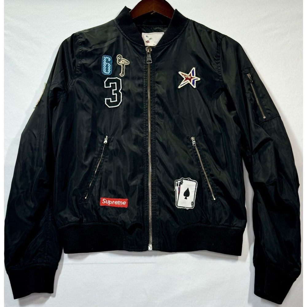 It Girl Black Bomber Jacket Decorative Patches Supreme Patch And Lining Sz M‎